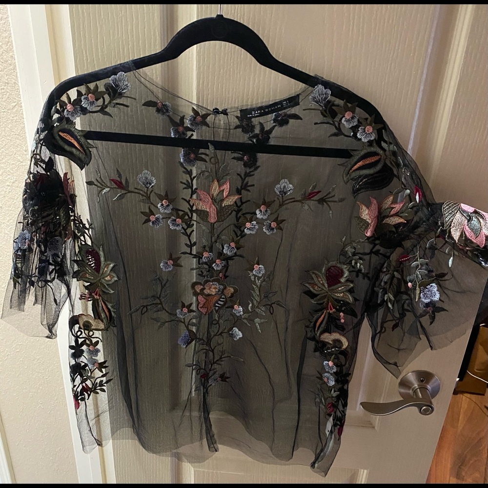 Zara Embroidered sheer black top.